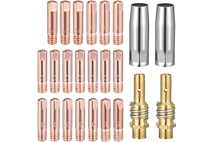 SDHIIOLP 24 Stück MIG/MAG Schweißzubehör Set,Verschleißteile Set mit 20x Stromdüse M6 0,6 0,8 0,9 1,0 1,2 mm,5 x Schweißdüsen,2 x Düsenstock,2 x Isolator,1 Schraubenschlüssel für MIG MAG Schweißbrenner MB15AK