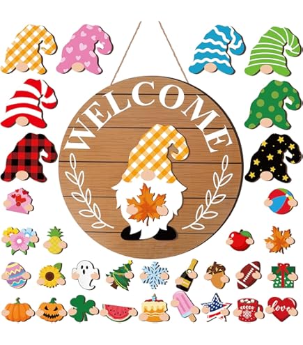 Wichtel Willkommensschild Mit Magnet-Hüten - Saisonale Türdeko Zum Austauschen