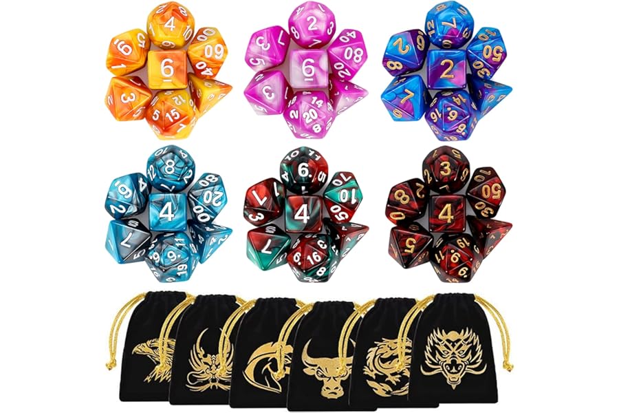 DND Dice, QMAY 6 x 7 Set Polyhedral Double-Color Dice Sets with 6 Gold Pattern Drawstring Pouches for Dungeon and Dragons MTG Table Games RPG DND D20 D12 D10 D% D8 D6 D4