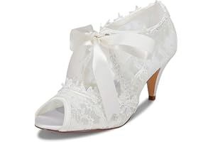 JIAJIA 5949419 Chaussures de mariée pour Femme Peep Toe Cône Talon Dentelle Satin Pompes Cravate Ruban Chaussures de Mariage