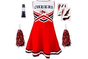BLUE PLANET Zombie Cheerleader Halloween Costume for Kids Ages 10-12 (L), Zombie Fancy Dress Outfit for Girls with Pom Poms Red High School Cheerleader Costume Scars Fake Blood Easy Halloween Kids Dress Up Pack