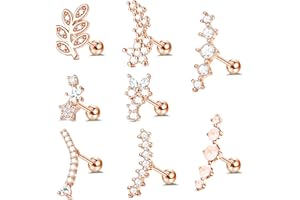 Kakonia 8Pcs Piercing Oreille Cartilage Acier Inoxydable Tragus Helix Conch Conque Piercing Zircone Cubique Boucles d'oreilles Femme