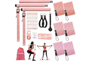 ALongSong Elastiques Musculation Barre de Pilates - 2025 Kit Fitness Maison avec 6 Bandes de Résistance Élastique 20-180Lbs & Ancrage de Porte pour Complet Entraînement Yoga/Musculation