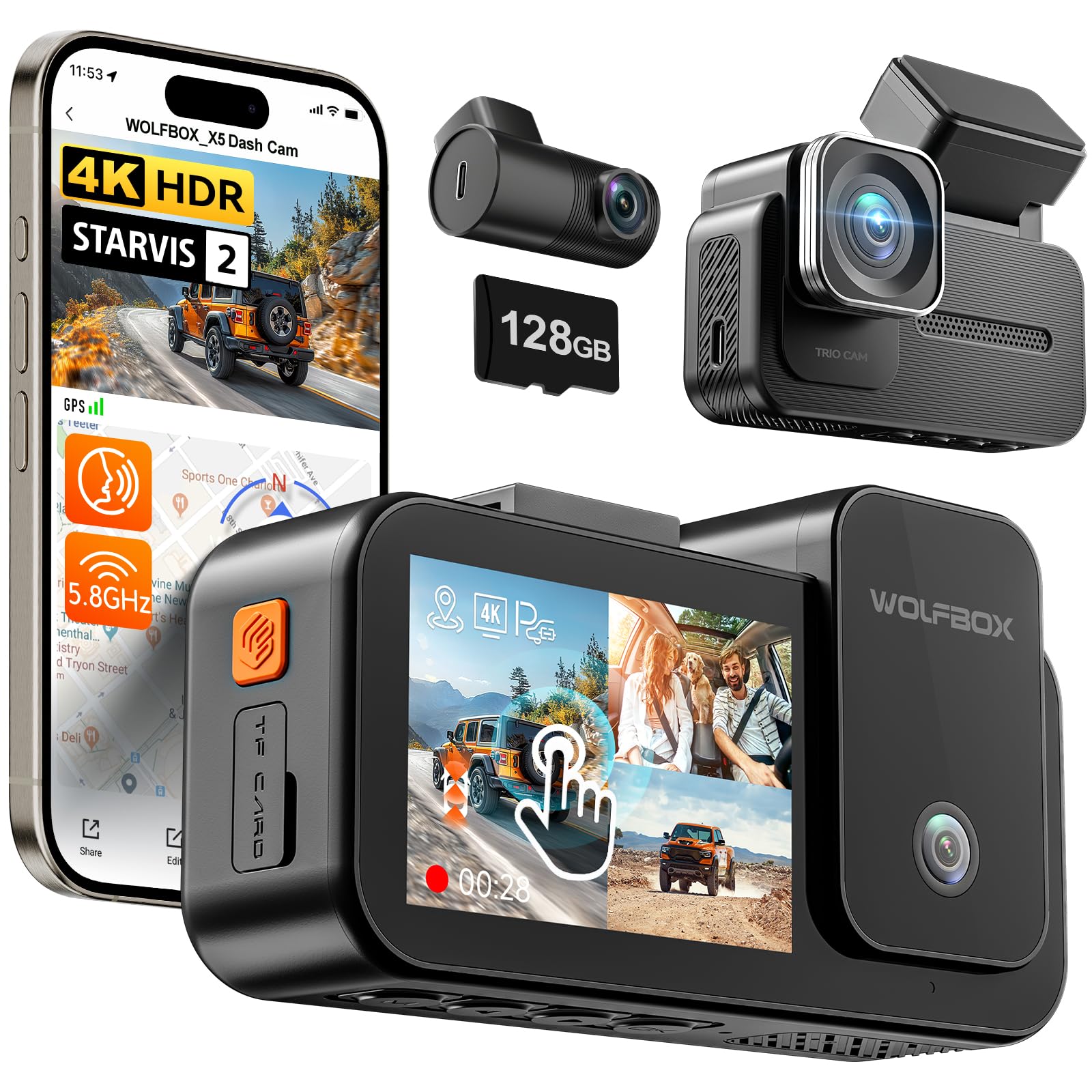 WOLFBOX X5 3 Channel 4K Dash Cam, STARVIS 2 IMX678,4K+2.5K+1080P Front and Rear Inside Triple Car Camera, Included 128GB Card, Voice Control, 5.8GHz WiFi GPS, Touch Screen, Support 512GB Max