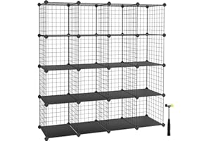 SONGMICS Scaffale a 16 Scomparti di Griglia Metallica, Organizzatore Modulare ad Incastro con Pannelli di Plastica PP, per Libri Scarpe Vestiti, Soggiorno Bagno, 31 x 123 x 123 cm, Nero LPI44H