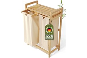 AMBIAVO® Cesto portabiancheria a 2 scomparti [crema-beige, 100% cotone, bambù, volume 60 l, per biancheria sporca, sistema di smistamento della biancheria, in legno