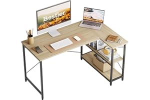 ‎BESTIER Bestier Computertisch 120CM Reversibel Schreibtisch L Form Eckschreibtisch mit Regal Verstellbare Höhe Kleiner Bürotisch mit Ablagefächern für Heimbüro Raum Stärker X Form Halterung Oak