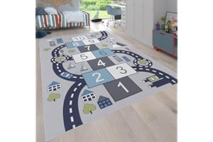 ‎PACO HOME Paco Home Kinder-Teppich Für Kinderzimmer, Spiel-Teppich Mit Hüpfkästchen und Straßen rutschfest Grau, Grösse:140x200 cm