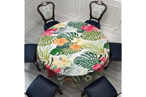 VVA Tropical Round Tablecloth, Hawaiian Palm Tree Hibiscus Flowers Plants Tablecloths, Aloha/Luau Theme Party, Wipeable Waterproof Table Cloth for Family Dinners Patio Outdoor/Outside Events 60 Inch