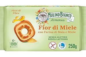BARILLA Mulino Bianco Fior di Miele Biscotti Frollini al Miele Millefiori con Farina di Mais, Senza Lattosio, Glutine e Olio di Palma, Mulino Armonia, Confezione con 6 Monoporzioni da 6 Biscotti