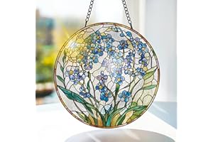 Bimkole Forget-Me-Not Stained Glass Suncatcher Window Hanging - Plants Indoor Window or Doorway Decoration - Handmade Sun Catcher Decor for Garden Home Christmas & Birthday Gifts 20x20 cm