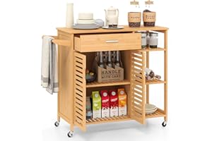 COSTWAY wózek kuchenny z drewna i bambusu, szafka kuchenna na kółkach, wózek z szufladą, otwartymi półkami, uchwytem na ręczniki, 2 drewnianymi drzwiami, do jadalni, salonu, 104 x 40 x 89 cm, kolor