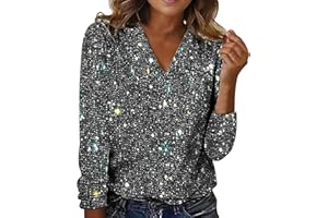 Buetory Womens Sequin Tops V Neck Dressy Sparkly Evening Party Night Club Cocktail Blouse Metallic Shimmer Glitter Sequence T-Shirts