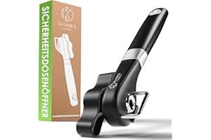 Oliver's Kitchen ® Dosenöffner - Rostfreier Edelstahl - Schwarz Sicherheitsdosenöffner - & Deckelöffner - Komfortabler rutschfester Griff - Müheloses Öffnen von Dosen