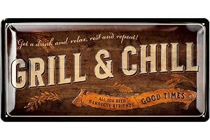 LANOLU Retro plåtskyltar grill – GRILL AND CHILL LOUNGE – BBQ grill retro dekoration – grillplats skylt trädgård – present till pappa grillhörnskylt, 17 x 34 cm