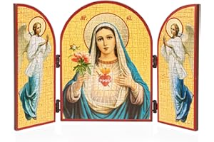NKlaus Tríptico religioso de iconos, 3 paneles, 25 x 16 cm, Inmaculado Corazón de María, para decoración de interiores, Capilla / Oratorio