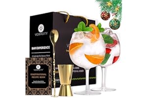 VEMACITY Verre Gin Tonic pour Les Amateurs de Gin - Lot de 2 Verre G&T Faits à la Main. Livre Électronique de Recettes Gratuit | Cuillère à Cocktail en L’Or, Doseur Double Face et Grands Verres Cocktail