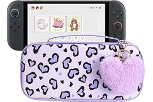 DLseego Étui de Transport Compatible avec Switch 2,Cœur Léopard Dur Sacoche de Protection,Pochette Portable de Rangement Jeux de Voyage avec 1 PC en Peluche Coeur Léopard Breloque,Violet