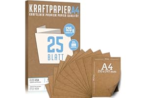 ELES VIDA 25 Blatt Kraftpapier A4 Set - 120 g - 21 x 29,7 cm - DIN Format - Bastelpapier & Naturkarton Pappe Blätter aus Kraftkarton zum Drucken, Kartonpapier Basteln für Vintage Hochzeit Geschenke Etiketten