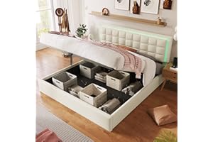 FEZTOY LED Bett, Polsterbett mit Stauraum, Stauraumbett mit Hydraulisch, Doppelbett Bettgestell mit Lattenrost & Bettkasten & Kopfteil, PU-Oberfläche, Weiß (140x200cm-ohne Matratze)