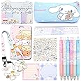 LTLCLZ Pencil Cases Cute School Supplies Set, Kawaii Office Supplies, Includes Pencil Case, Ballpoint Pens, Ruler, Sticky Note, Stickers, Enamel Pins, Lanyard with ID Card Holder for Girls (A)