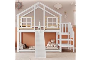 Rtopsu Children's Bunk Bed 90 x 200 cm with Slide and Stairs for 1-2 Children, Wooden Bed with 2 Windows, House Bed with Fall Protection and 1 Slatted Frame, White, Mattress Not Included