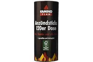 Kamino-Flam Anzündsticks - 120 Anzünder in handlichen Dose - Feuersticks brennen 5-6 Minuten - Anzündscheit für Grill / Kamin / Ofen - Anzündbrikettsticks geruchlos & ökologisch - Kaminanzünder