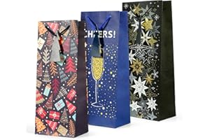 Kraft & Co. 3 Pack Christmas Wine Bottle Gift Bags, 200gsm Kraft Paper with Rope Handles, Eco-Friendly Recyclable Holiday Packaging, Fits Standard Wine Bottles, Sparkle