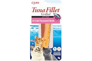 INABA Tuna Fillet Grilled - Friandises pour Chats en Filet de Thon - Bouillon Aromatisé au Crabe - Snack pour Félins Grillé et Riche en Antioxydants - 1 Filet de 15g