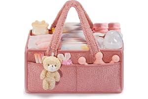 DANDELIONSKY Organizer per pannolini, per fasciatoio, portatile, con divisori/manico rimovibili, accessori essenziali per neonati, borsa portaoggetti per salviette, regalo per mamma, baby shower (rosa)