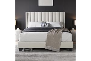 Yaheetech King Bed Frame, Upholstered Platform Bed with Channel Tufted Headboard & Wing Side, Wood Slat Support, Mattress Foundation, No Box Spring Needed, Noise-free, 5ft King Bed Beige