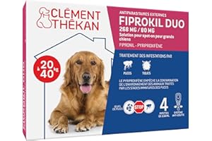 Clément Thékan - Anti-puces et anti-tiques pour grands chien de 20 à 40 kg - 4 pipettes - Solution pour Spot-on Fiprokil Duo 268 mg /80 mg