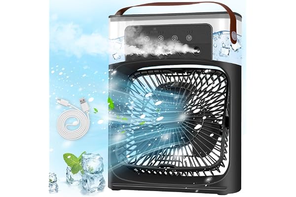 BuzzoXerex Climatiseur Mobile Portable, Mini Refroidisseur D'air, Mini Air Climatiseur Ventilateur, Air Cooler fan con 3 Velocità, Timer, 7 Lumières LED, Modes de Brumisation (Noir)