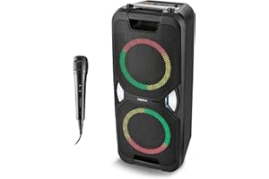 MEDION PE-1 Pure Partybox (Akku, mit Mikrofon, tragbarer Bluetooth Lautsprecher groß, Musikbox, Verschiedene Lichteffekte, Partylautsprecher mit Karaoke, 2 x Mikrofonanschluss, AUX, USB, Radio)