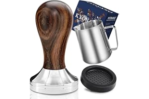 KYONANO Prensador de Cafe Tamper Set:Prensa Cafe 51mm de Madera(Chacate Preto) y Acero Inoxidable,Jarra de Leche (350 ml),Bolígrafo Latte Art con Base de Silicona, E-Books–Barista