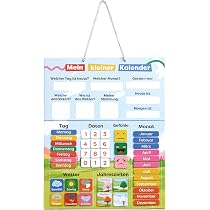 LIKARTO Mon Premier Calendrier magnétique, 36 aimants, 20 cartes | 42 x 32 cm, horloge à aiguilles mobiles, station météo, inscriptible et effaçable, jeu éducatif