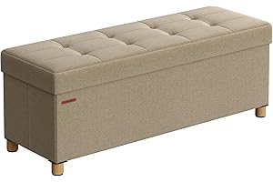 SONGMICS Cassapanca, Pouf Contenitore, Poggiapiedi Pieghevole 38 x 110 x 40 cm, Ottomano con Gambe in Legno, Regge fino a 300 kg, per Soggiorno, Camera da Letto, Dormitorio, Marrone Cammello LSF018K11
