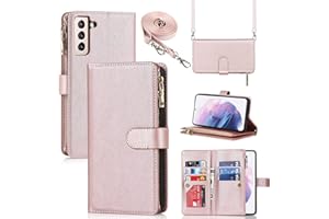 CAVOR Copmob Handykette Samsung S21 Hülle Mit Band,Handyhülle Samsung S21,Flip Leder Geldbörse Handyhülle,[9 Kartenfach][Magnetisch],Klapphülle Schutzhülle für Samsung Galaxy S21 - Roségold