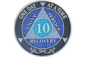 SIMPLY MINIMAL (Years 1-50) 10 Year AA Recovery Silver Color Plated Glitter Medallion, Black Rainbow, Blue, Silver Glitter Coin, Epoxy Covered (AA 10 Year Glitter Medallion)