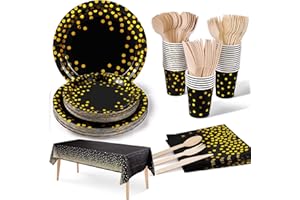 Nkaiso Stoviglie Per Feste, 141 Pezzi Oro Nero Set Compleanno Bambina Include Piatti Carta Usa e Getta Bicchieri Tovaglioli per Matrimoni Anniversari Decorazioni Festa -20 Ospiti