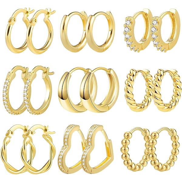JeweBella 14K Gold Creole Earrings Set for Women - 9 Pairs Chunky, Hypoallergenic, Twisted Huggie and Large Hoop Earrings