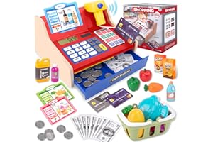 JONRRYIN Caisse Enregistreuse en Bois pour Enfants, 40 Accessoires Caisse Enregistreuse Jouet avec Vraie Calculatrice, Scanner Son & LumièRe, Jeu de Rôle Marchande de 3 Ans (Rouge)