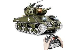 Supdex RC Tank, 1:18 Metal M4A3 Sherman, US WW2 Remote Control Tank, Army Model That Shoots BBs, 2.4GHz Military RC Vehicle with Smoke, Lights, Sound, Recoil Effects for Kids and Adults