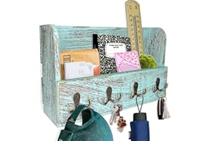 Comfify Wooden Wall Mount Mail Holder Organizer – Rustic Key Holder Organizer for Wall – Magazine Holder with 4 Double Key Hooks – Distressed Blue Rustic Wall Décor for Entryway