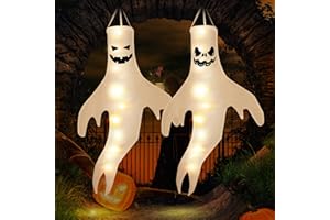 HIBOOM 2 Pcs 40 Inch Horrible Ghost Windsocks Flag Halloween Spooky Windsocks Outdoor Hanging Decoration with 2 Flashing Modes Warm White LED Lights for Patio Garden Party Supplies (Simple Style)