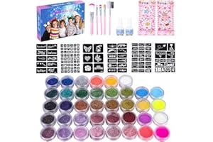 JOSPL Kit Tatouage Paillettes-avec 38 Couleurs,Non-toxique Kit Maquillage de Tatouage Éphémères Temporaires,Motif D'autocollant 119,5 Pinceaux,Temporaire pour Cadeau Fille Garçon Adulte Fête