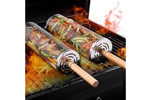 LATERN 2 Pièces Paniers à Barbecue Emboîtables, Acier Inoxydable 304 Panier à Grillades Enroulable avec Poignée en Bois Amovible pour Extérieur Camping Pique-Nique Grillades Viande Légumes Poisson