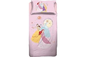 HERMET Princess - Juego de sábanas para Cama Individual Disney, sábana encimera, sábana Bajera Ajustable, Funda de Almohada, Color Rosa, Disney, 100% algodón, Producto Oficial