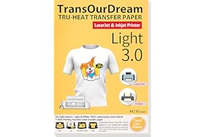 TransOurDream Tru-T Shirt Heat Transfer Paper 10 Sheets A4 Iron On Transfers for Inkjet & Laser Printer Printable HTV Heat Transfer Vinyl for White and Light Fabrics,Easy to Cut(TOD-03-10)