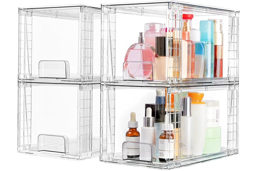 Vtopmart 4 Pack Stackable Storage Drawers,Clear Acrylic Drawer Organizers with Handles, Easily Assemble for Bathroom,Kitchen Undersink,Cabinet,Closet,Makeup,Pantry organization and Storage